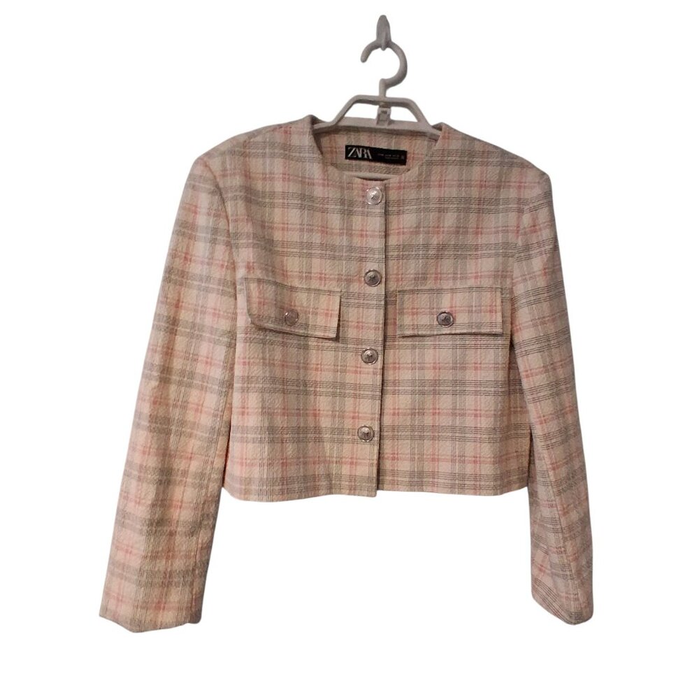 Zara cropped blazer jacket womens Medium plaid boxy